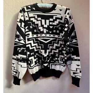 Sun Valley Womens Size XS Sweater Pure Wool Southwestern Crew Neck Black Ivory